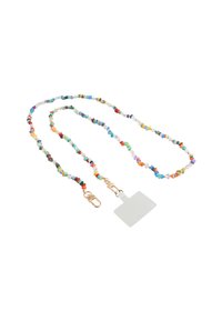 Colorful beaded lanyard with a mix of shapes, including square and round beads, finished with gold hardware and a clear card holder.