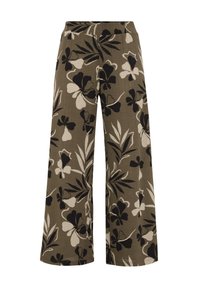 Breda byxor i olivgrönt med en texturerad tyg. Har ett blommönster i svart och kräm, med varierande bladformer och storlekar.