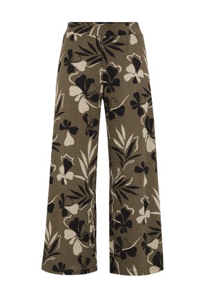 Vaatteet leveät housut oliivinvihreästä teksturoidusta kankaasta. Ominaisuuksina musta ja kerma valkoinen kukkakuvio, jossa on vaihtelevia lehtimuotoja ja -kokoja.