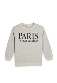 Grijze sweatshirt met een ronde hals en lange mouwen. Aan de voorkant staat "PARIS LA VILLE LUMIÈRES" in donkere letters. Zachte textuur.