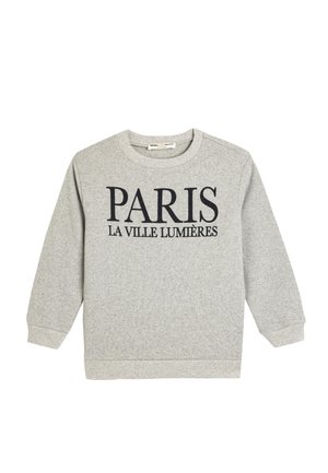 Szara bluza z okrągłym dekoltem i długimi rękawami. Z przodu znajduje się napis "PARIS LA VILLE LUMIÈRES" w ciemnym kolorze. Miękka w dotyku.