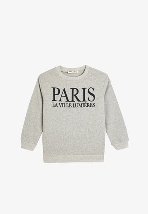Grauer Pullover mit Rundhalsausschnitt und langen Ärmeln. Auf der Vorderseite steht "PARIS LA VILLE LUMIÈRES" in dunkler Schrift. Weicher Stoff.