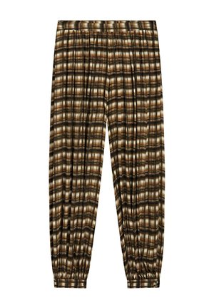 Pantalon ample avec motif à carreaux marron, beige et noir, taille élastique et poignets élastiques avec détails de boutons.