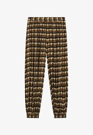 Pantalon ample avec motif à carreaux marron, beige et noir, taille élastique et poignets élastiques avec détails de boutons.