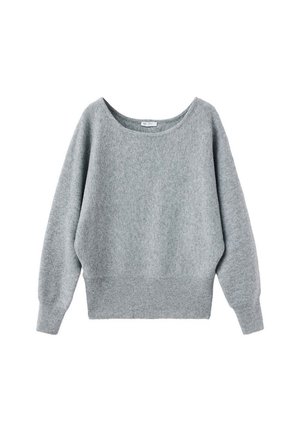 Light gray, long-sleeve knit sweater with a wide scoop neckline and ribbed cuffs and hem, displayed on a white background.