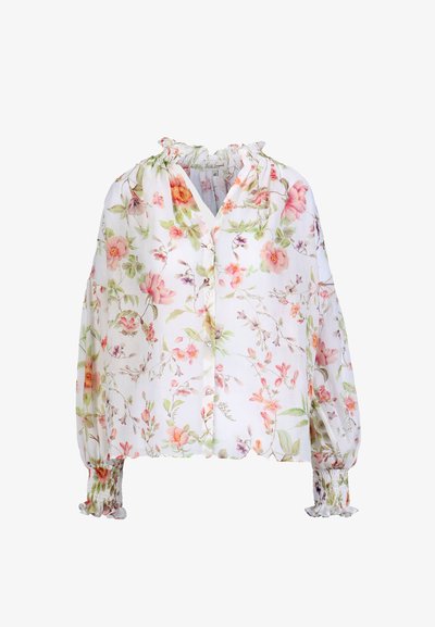 Hvid gennemsigtig bluse med lyserød og orange blomsterprint, lange puffede ærmer med smockede manchetter og en flæset ståkrave, knappet foran.