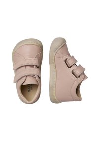 Pink leather children's shoes with double Velcro straps, rounded toe, textured rubber sole, and stitching details on the upper.