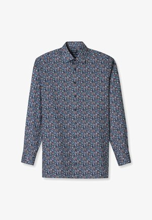 Langärmliges Hemd mit einem marineblauen Hintergrund und einem kleinen Blumenmuster in Rot, Blau und Weiß. Materialien nicht spezifiziert. Klassischer Kragen.