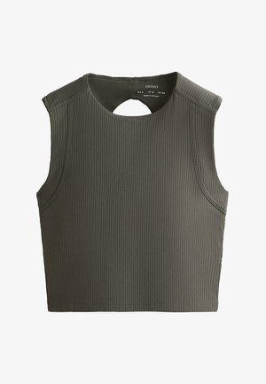 Breztelna, rebrasta, temno olivna kratka majica z okroglim izrezom in ključavnico na hrbtni strani, izdelana iz elastičnega materiala.