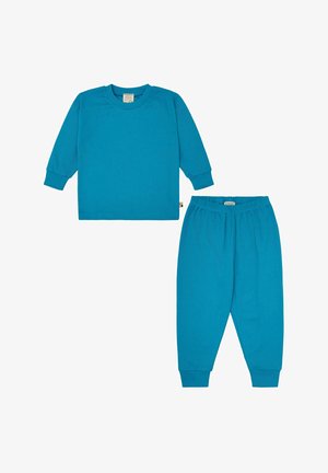 Türkisen Kinder-Zweiteiler mit langärmeligem Oberteil in gerippter Textur und passender Hose mit elastischem Bund und Bündchen.