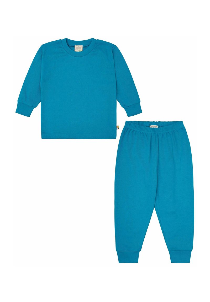 Turquoise kinder tweedelig set bestaande uit een lang mouwtop met geribbelde textuur en bijpassende broek met elastische tailleband en manchetten.