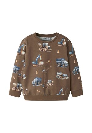 Sweat-shirt marron à manches longues pour enfants avec un motif de véhicules de chantier bleus et beiges et de cônes de sécurité orange.