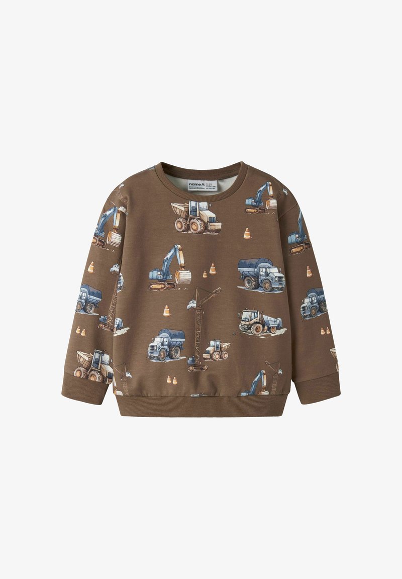 Sweat-shirt marron à manches longues pour enfants avec un motif de véhicules de chantier bleus et beiges et de cônes de sécurité orange.