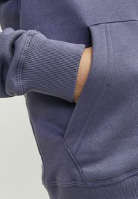 Paarse sweatshirt met een kangoeroezak, ribgebreide manchetten, zachte textuur en subtiele stiksels voor extra duurzaamheid.