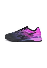 Juodos, purpurinės ir rožinės spalvos Reebok sportinės bateliai. Tinklelio viršus su tekstūruotais raštais, guminis padas ir raišteliai. Yra paminkštinta kulno dalis.