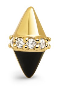 Goldfarbener Ring in Kegelform, mit einem glänzenden schwarzen Band und fünf klaren, runden Edelsteinen, die in einem dekorativen Muster angeordnet sind.