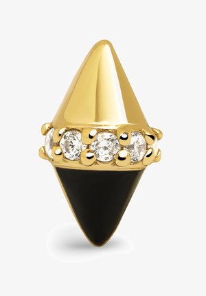 Goldfarbener Ring in Kegelform, mit einem glänzenden schwarzen Band und fünf klaren, runden Edelsteinen, die in einem dekorativen Muster angeordnet sind.