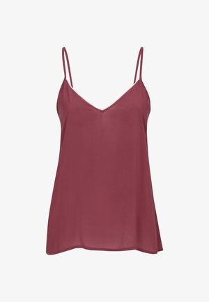 Bez rękawów fioletowa koszulka na cienkich ramiączkach z dekoltem w kształcie litery V, wykonana z lekkiego, zwiewnego materiału.