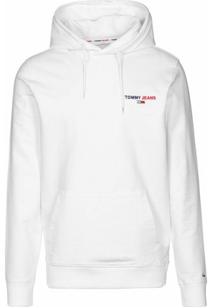 Hvid hættetrøje med forlommel, snøre i hætten og lille "Tommy Jeans"-logo i rød og marineblå på brystet.