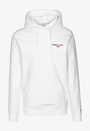 Felpa bianca con cappuccio regolabile, tasca frontale e piccolo logo "Tommy Jeans" in rosso e blu navy sul petto.