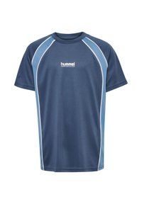 Navyblå tränings-t-shirt med ljusblå detaljer, korta ärmar, rund hals och "hummel performance"-logga på framsidan. Slät tyg.