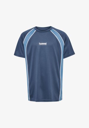 Mørkeblå atletisk T-shirt med lyseblå detaljer, korte ærmer, rund hals og "hummel performance" logo på fronten. Glat stof.