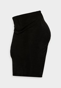 Jupe noire, tissu texturé, design ajusté, longueur genou, avec une taille drapée et des côtés sans coutures pour une silhouette lisse.