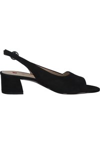 Black suede slingback shoe with an open toe, block heel, and circular hardware detail on the strap. Smooth texture and versatile design.