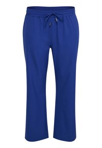 Blaue, dehnbare Sporthose mit elastischem Bund und Kordelzug. Entworfen mit lässiger Passform und geraden Beinen. Glatte Stoffstruktur.