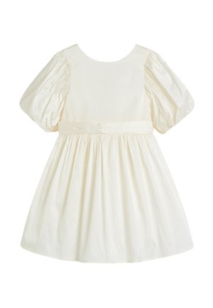 White cotton dress with a round neckline, puff sleeves, and a gathered skirt. Features a satin waistband for subtle detail.