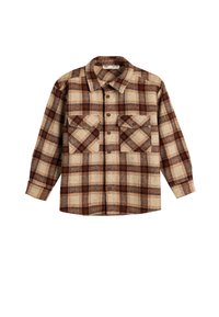 Camisa de franela de cuadros en marrón y beige con dos bolsillos en el pecho, cierre de botones en la parte delantera y mangas largas. Presenta un cuello y tela texturizada.
