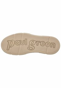 Beiger Gummischuhsohle mit strukturiertem Oberflächen und erhabenem Schriftzug 'paul green' prominent in der Mitte, ausgestattet mit segmentierten Designs für besseren Halt.