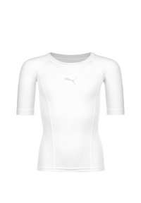 Maglietta atletica bianca a maniche corte realizzata in tessuto elasticizzato, con scollo rotondo e cuciture piatte. Logo frontale in grigio chiaro.