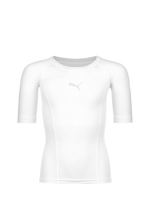 Witte sportieve T-shirt met korte mouwen, gemaakt van rekbare stof, met een ronde halslijn en platte naden. Logo aan de voorkant in lichtgrijs.
