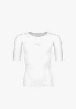 White short-sleeved athletic shirt made of stretchy fabric, featuring a round neckline and flat seams. Logo on the front in light gray.