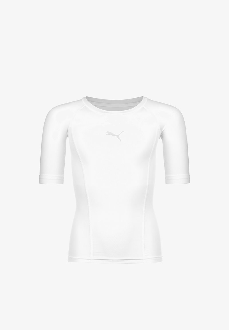 Maglietta atletica bianca a maniche corte realizzata in tessuto elasticizzato, con scollo rotondo e cuciture piatte. Logo frontale in grigio chiaro.