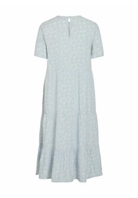 Robe bleu clair à manches courtes, au design superposé, avec un motif floral. Dotée d'un dos en forme de trou de serrure et d'un tissu doux et texturé.