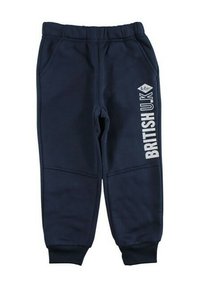 Pantalon de survêtement bleu marine en tissu doux, avec poches latérales et impression blanche "BRITISH U.K" sur la jambe gauche. Taille élastique.