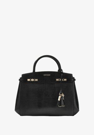 Sac à main structuré noir avec une surface texturée, des accents en métal doré, deux poignées supérieures et un porte-clés amovible. Logo de la marque affiché.