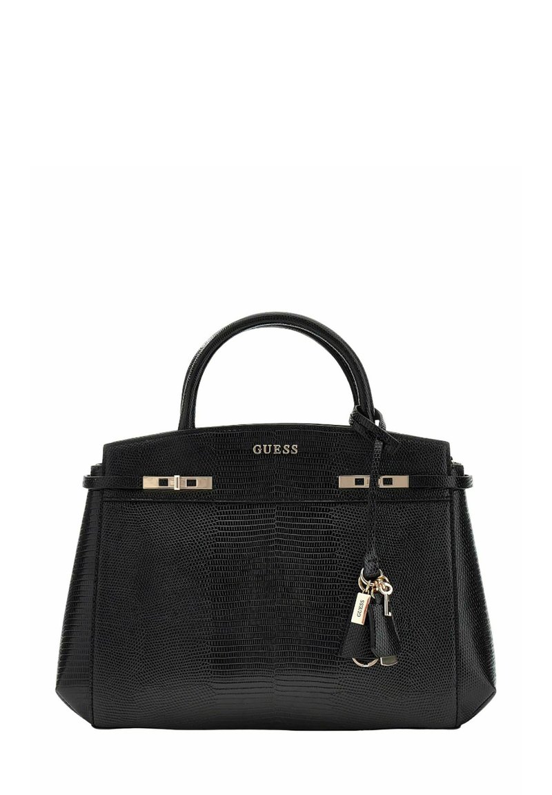 Sac à main structuré noir avec une surface texturée, des accents en métal doré, deux poignées supérieures et un porte-clés amovible. Logo de la marque affiché.