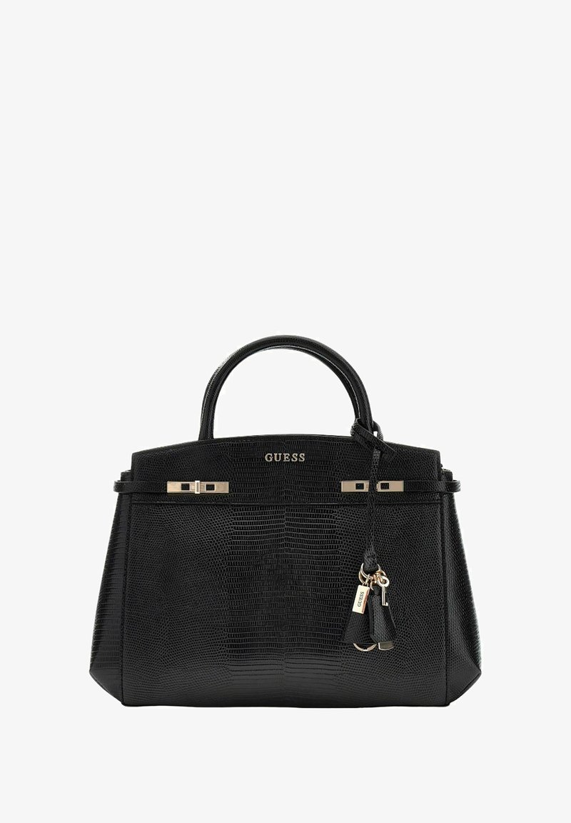 Sac à main structuré noir avec une surface texturée, des accents en métal doré, deux poignées supérieures et un porte-clés amovible. Logo de la marque affiché.