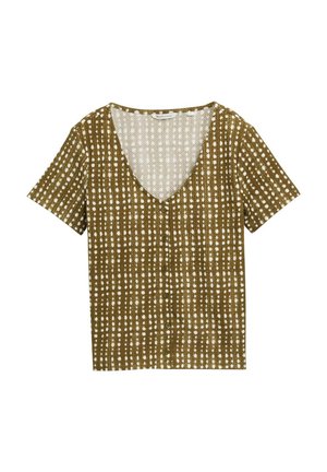 Haut marron à manches courtes avec un décolleté en V profond, orné d'un motif de pois blancs disposés en lignes verticales, terminé par des détails de boutons.