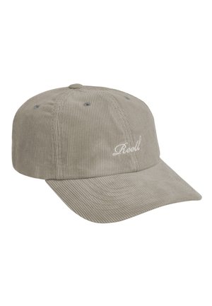 Hellgraue Cord-Baseballkappe mit gebogenem Schirm und weiß besticktem "Reell"-Schriftzug auf der Vorderseite.