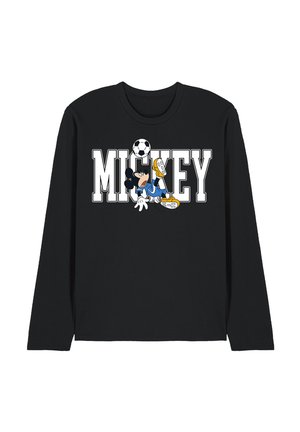 Schwarzes Langarmshirt mit fettem weißen "MICKEY"-Schriftzug und einer Cartoonfigur, die einen Fußball kickt, in den Schriftzug integriert.