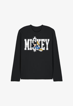 Schwarzes Langarmshirt mit fettem weißen "MICKEY"-Schriftzug und einer Cartoonfigur, die einen Fußball kickt, in den Schriftzug integriert.