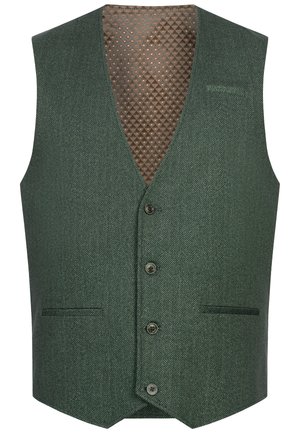 Grønn vest med sildebensmønster, V-hals, fem knapper, to sidelommer, og en brun fôret innside med diamanttekstur.