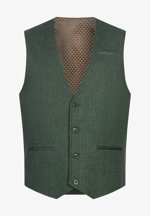 Grønn vest med sildebensmønster, V-hals, fem knapper, to sidelommer, og en brun fôret innside med diamanttekstur.