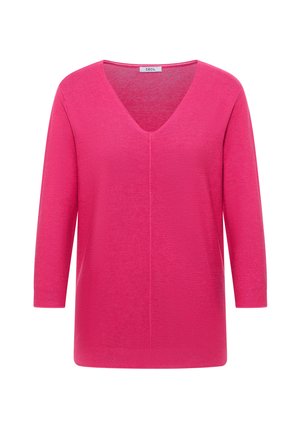 Maglione a costine rosa acceso con scollo a V, maniche lunghe e texture a coste su polsini e orlo.
