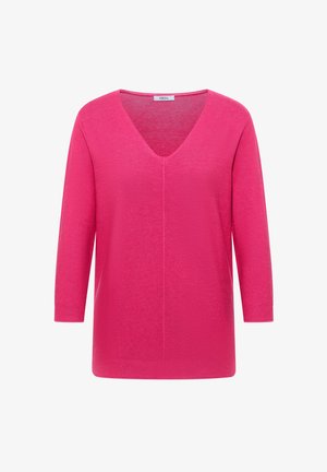 Jasnoróżowy sweter z dzianiny o dekolcie w serek, z długimi rękawami i prążkowaną fakturą na mankietach i u dołu.