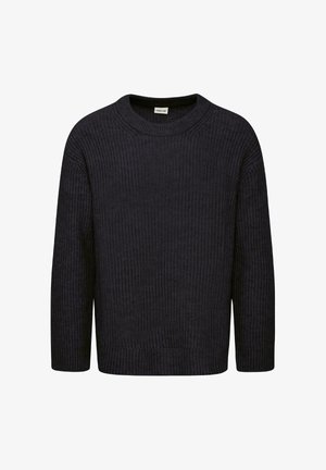 Mørk grå strikket genser med ribbet tekstur, rund hals og lange ermer. Enkel design uten synlige mønstre eller aksenter.